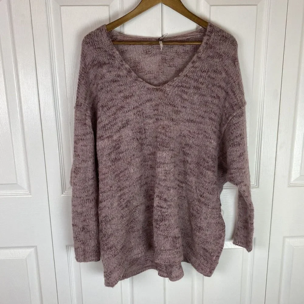 Free People S Sweater Pullover Alpaca Mohair Blend V-Neck Purple Knit Long sleev